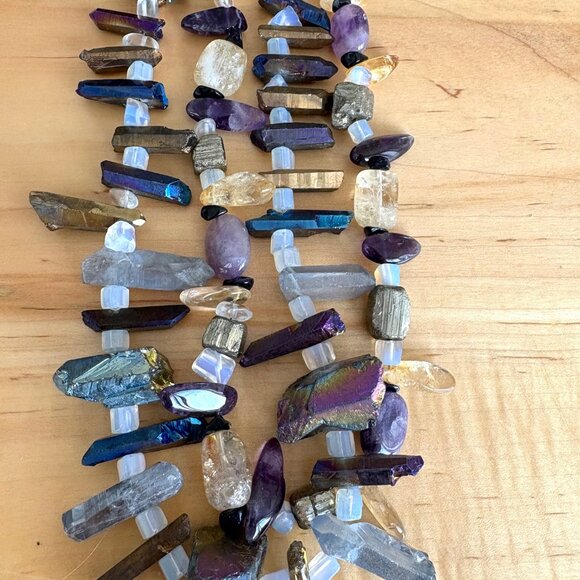 Chunky Aura Quartz Amethyst Pyrite Gemstone Statement Necklace - Picture 2 of 6